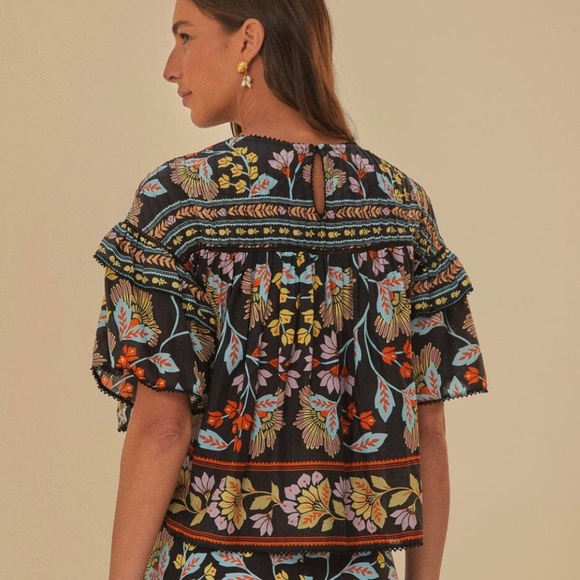 Anthropologie Farm Rio Black Flowery Ruffle Blouse XS - Picture 3 of 6